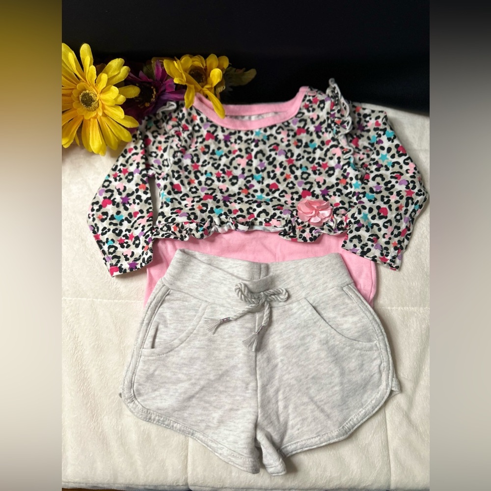 NWOT Garanimals Bundle, Pink Cheetah Print Bodysuit & Light Gray Shorts 12M